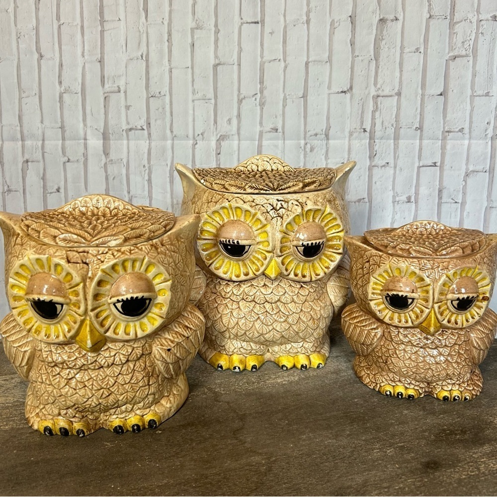 Vintage Double Sided Face Owl Set Of 3 OWL-SITTRE ‘79 Cookie Jar Canister